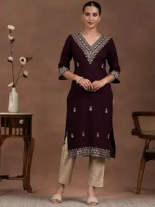 Libas Floral Zari Embroidered V Neck Straight Kurta