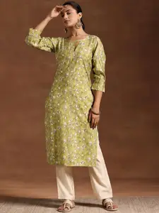 Libas Floral Printed Keyhole Neck Puff Sleeves Straight Kurta