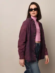 ONLY Women Spread Collar Faded Denim Oversized Casual Shirt