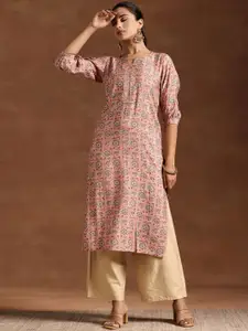 Libas Floral Printed Puff Sleeves Silk Straight Kurta