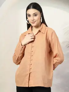 plusS Women Standard Spread Collar Solid Cotton Casual Shirt