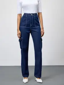 FREAKINS Women Straight Fit High-Rise Cotton Cargo Jeans