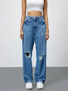 FREAKINS Women Straight Fit High-Rise Highly Distress Cotton Jeans