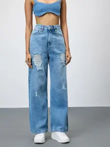 FREAKINS Women Cotton Wide Leg High-Rise Mildly Distressed Jeans