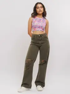 FREAKINS Women Wide Leg High-Rise Mildly Distressed Cotton Jeans