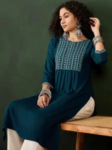 Sangria Teal Green Floral Embriodered Straight Kurta