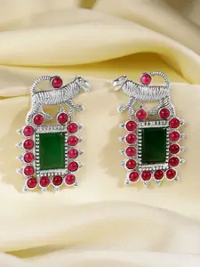 Rubans 22K Gold Plated Emerald & Ruby Zirconia Studded Tiger Motif Statement Drop Earring