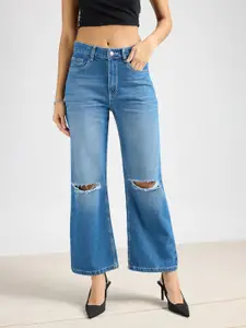 FREAKINS Women Straight Fit High-Rise Slash Knee Cotton Jeans