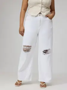 FREAKINS Women Wide Leg High-Rise Highly Distressed Cotton Jeans