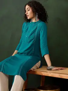 Sangria Teal Blue Mandarin Collar Cotton Straight Kurta