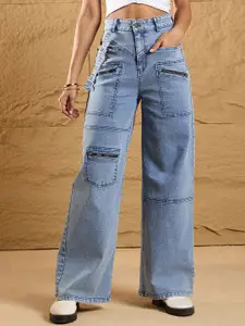 SASSAFRAS Women Straight Fit High-Rise Low Distress Stretchable Cargo Styles Jeans