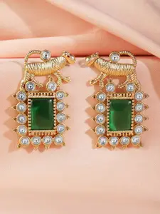 Rubans 22K Gold Plated Emerald & Zirconia Studded Tiger Motif Statement Drop Earrings