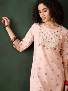 Sangria Beige Floral Embriodered Sequinned Straight Kurta