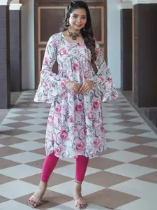 GO BOUJEE Floral Printed Panelled Bell Sleeves Silk A-Line Kurta