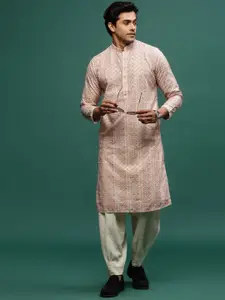 Sangria Pink Chevron Printed Sequined Mandarin Collar Chikankari Cotton Straight Kurta