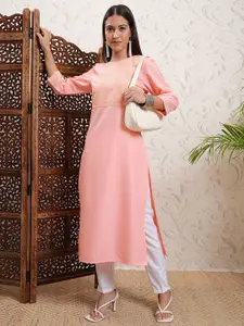 Vishudh Peach Coloured Floral Embroidered Thread Work Straight Kurta