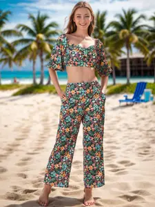 Ziva Fashion Floral Printed Crop Top With Trousers