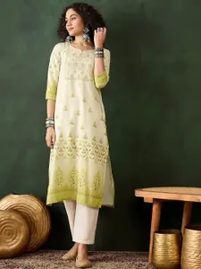Sangria Green Floral Printed Notch Neck Thread Work Straight Kurta