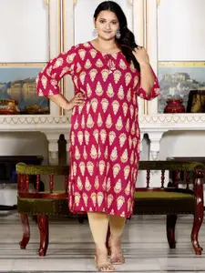 Swasti Plus Size Floral Printed Tie Up Neck Pure Cotton Straight Kurta