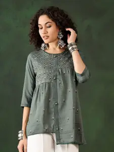 Sangria Women Ethnic Motifs Embroidered Round Neck Top