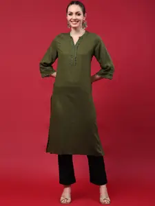 Shree Striped Thread Work Mandarin Collar Straight Kurta