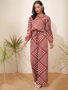 Tokyo Talkies Maroon Printed Crop Top With Trousers