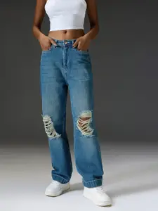 FREAKINS Women Cotton Relaxed Fit High-Rise Mildly Distressed Jeans