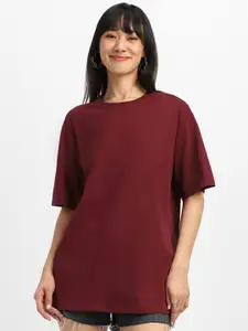 JUNEBERRY Women Solid Round Neck Pure Cotton Oversized T-shirt