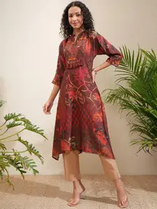 Vishudh Floral Printed Mandarin Collar Handkerchief Hem A-Line Kurta