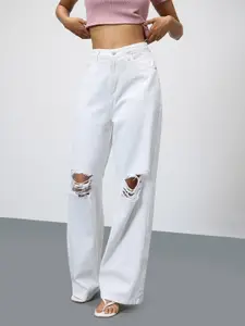 FREAKINS Women Wide Leg High-Rise Highly Distressed Non-Stretchable Cotton Jeans