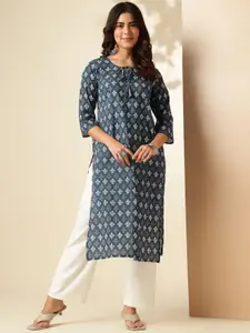 Anouk Rustic Floral Printed Tie-Up Neck Straight Kurta