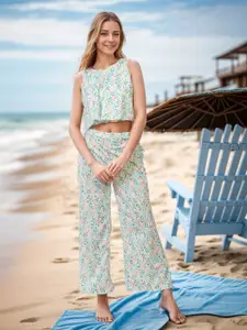 Ziva Fashion Floral Printed Crop Top With Trousers