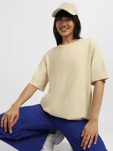 JUNEBERRY Women Solid Round Neck Pure Cotton Oversized T-shirt