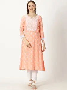 Saffron Threads Floral Printed Chikankari A-Line Kurta