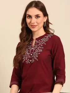 Anouk Notched Neck Thread Work Pure Cotton Straight Kurta