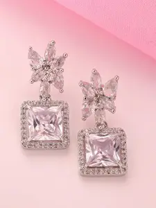 ADIVA Silver-Plated Floral AD Stone Studded Drop Earrings
