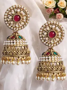 OOMPH Jadau Stone-Studded & Beaded Dome Shaped Jhumkas