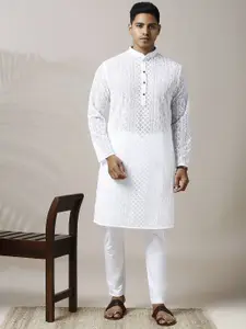 Be Desi Paisley Embroidered Thread Work Semi Sheer Straight Kurta with Pyjamas