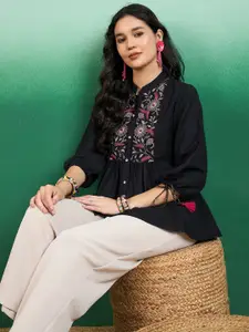 Sangria Women Embroidered Floral Print Mandarin Collar Top