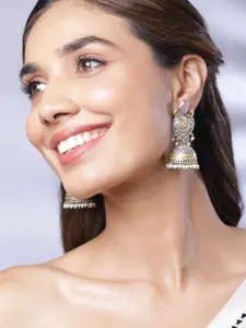 Rubans Oxidised Dual-Tone Silver & Gold Plated Pastel Pink Stone Pearl Bead Jhumka Earring