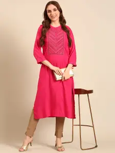 Anouk Fuchsia Floral Embroidered Pure Cotton Straight Kurta