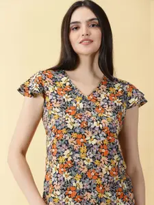 PURPLE FLAUNT Women Floral Printed V-Neck Top