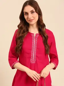 Anouk Fuchsia Floral Yoke Design Pure Cotton Straight Kurta