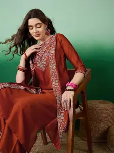 Sangria Embroidered Straight Kurta Set With Shrug