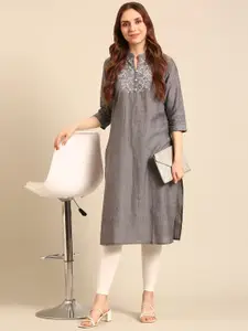 Anouk Grey Floral Embroidered Mandarin Collar Pure Cotton Straight Kurta