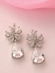 ADIVA Silver Plated American Diamond Floral Drop Earrings