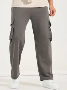 Styli Men Charcoal Mid Rise Oversized Straight Leg Pure Cotton Cargo Track Pant