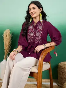 Sangria Women Embroidered Floral Print Mandarin Collar Top