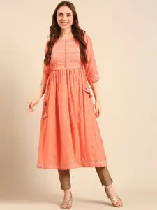 Anouk Geometric Woven Design Round Neck Panelled Chanderi Silk A-Line Kurta