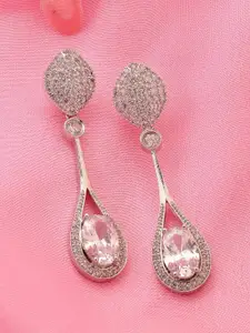 ADIVA Silver Plated American Diamond Teardrop Shaped Drop Earrings